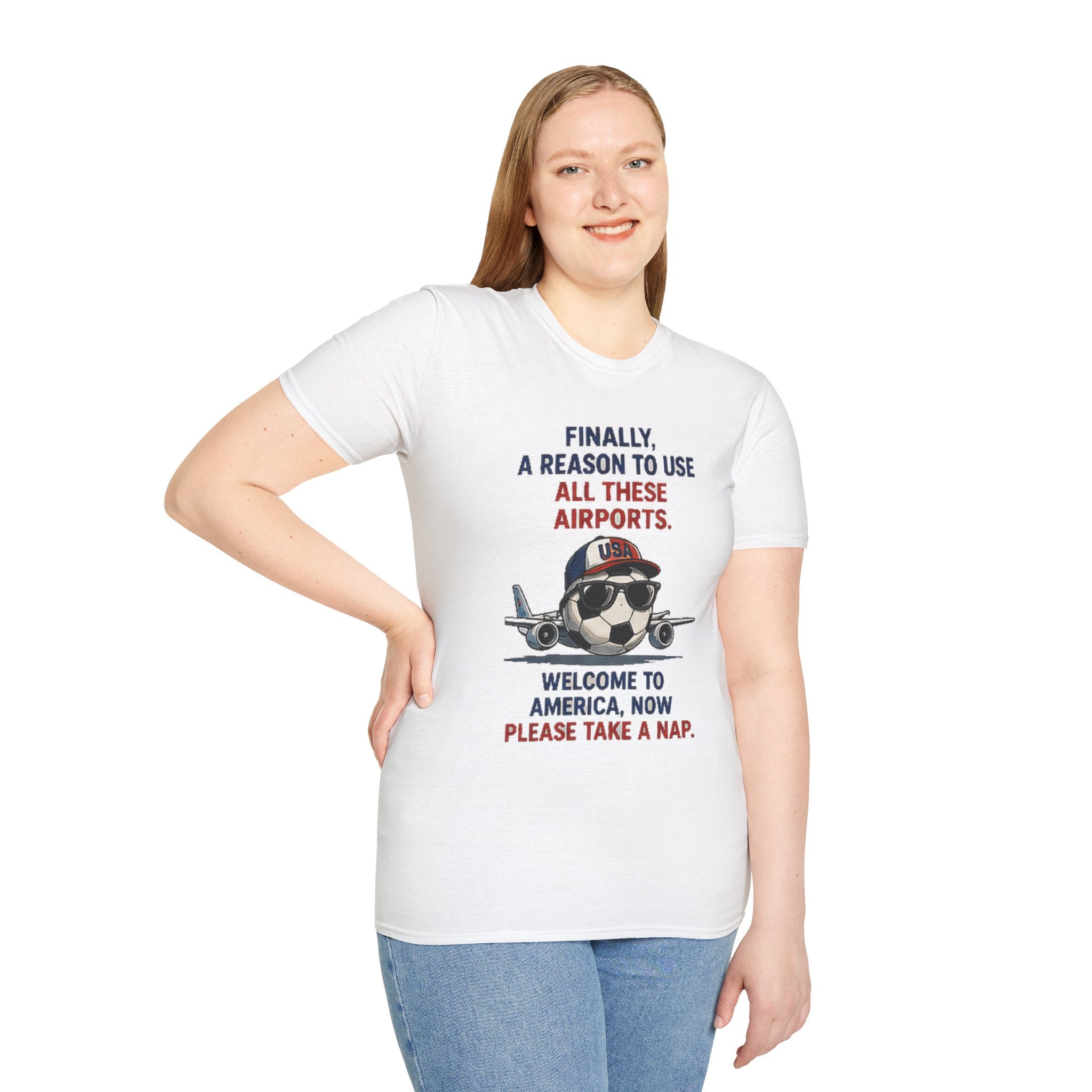Airplane Cartoon Tee - "Finally, a Reason to Use All These Airports. Welcome to America, Now Please Take a Nap."