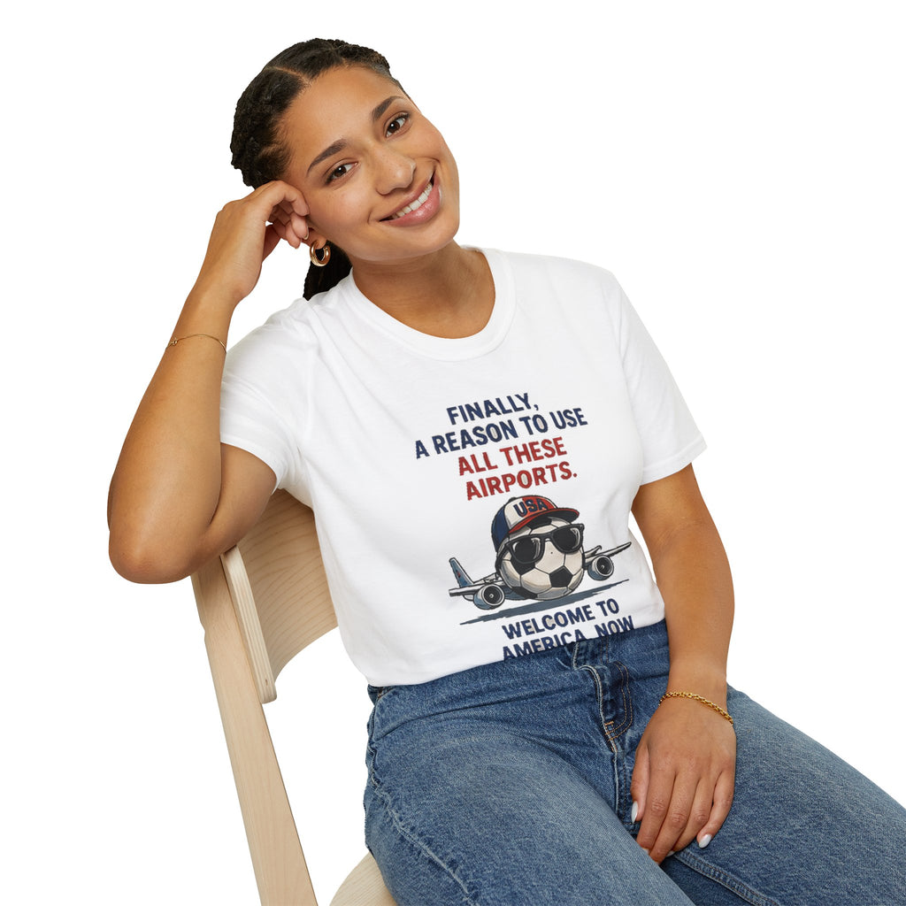 Airplane Cartoon Tee - "Finally, a Reason to Use All These Airports. Welcome to America, Now Please Take a Nap."