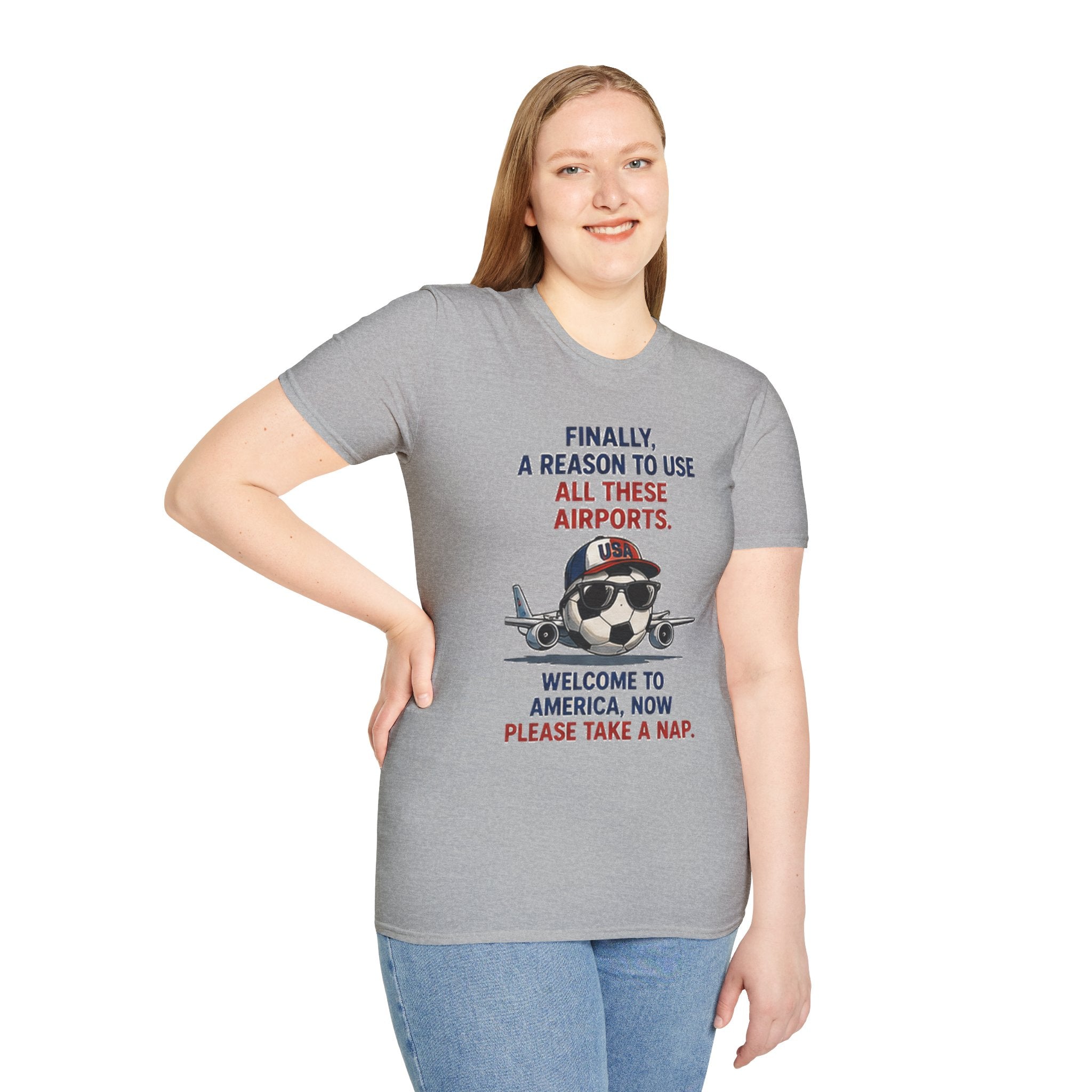 Airplane Cartoon Tee - "Finally, a Reason to Use All These Airports. Welcome to America, Now Please Take a Nap."