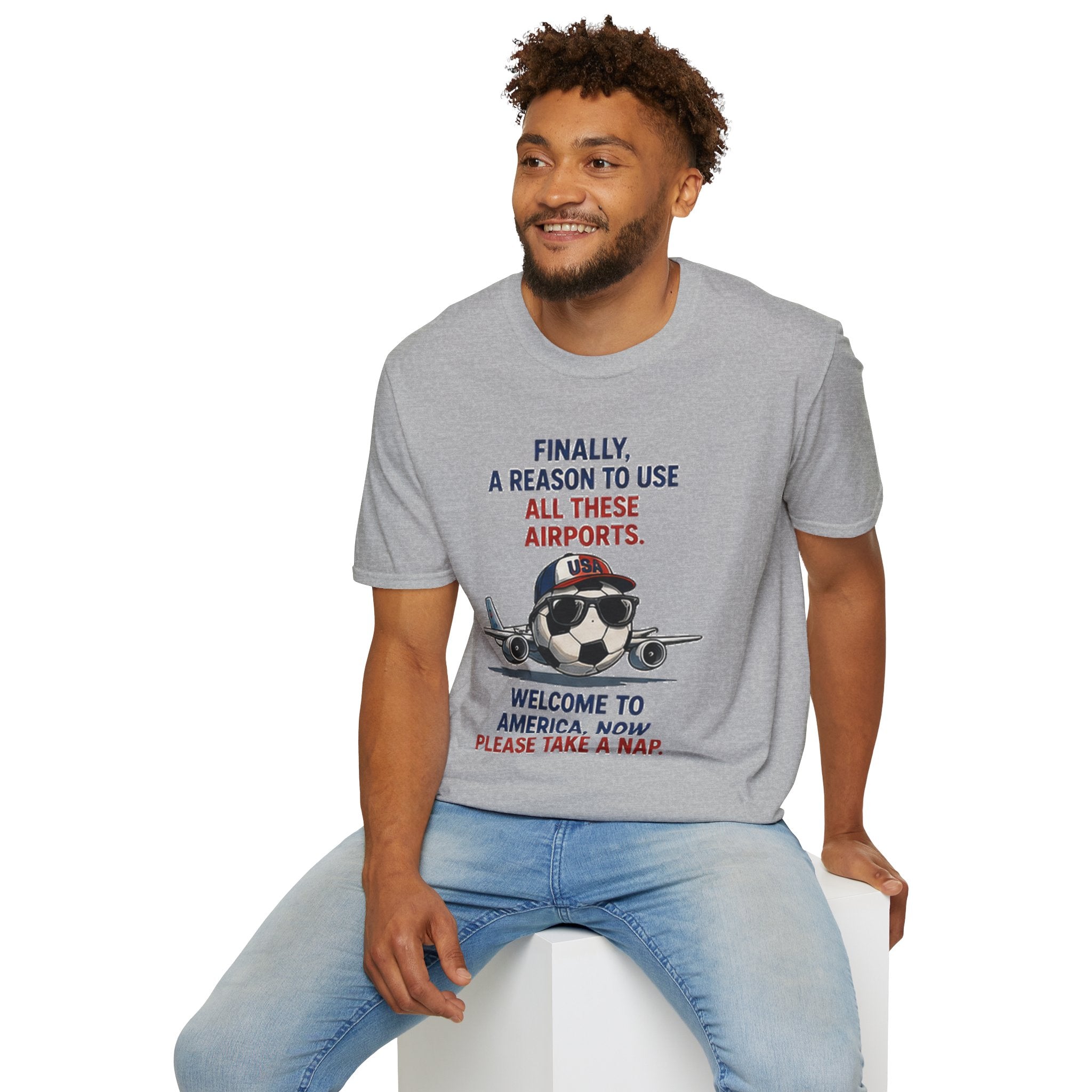 Airplane Cartoon Tee - "Finally, a Reason to Use All These Airports. Welcome to America, Now Please Take a Nap."