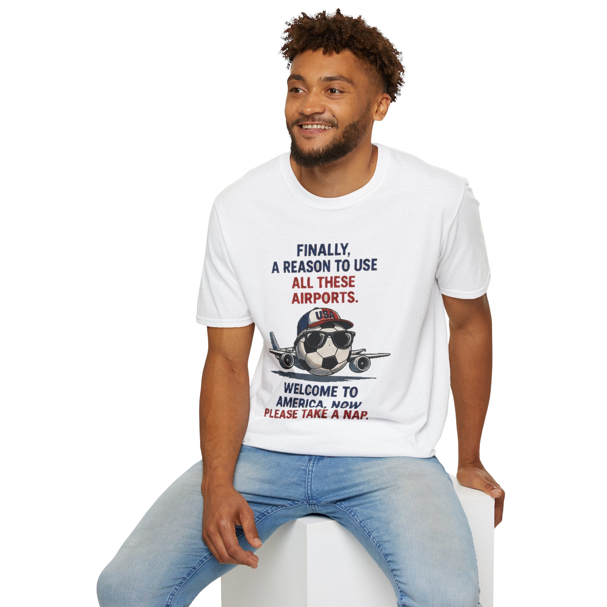 Airplane Cartoon Tee - "Finally, a Reason to Use All These Airports. Welcome to America, Now Please Take a Nap."
