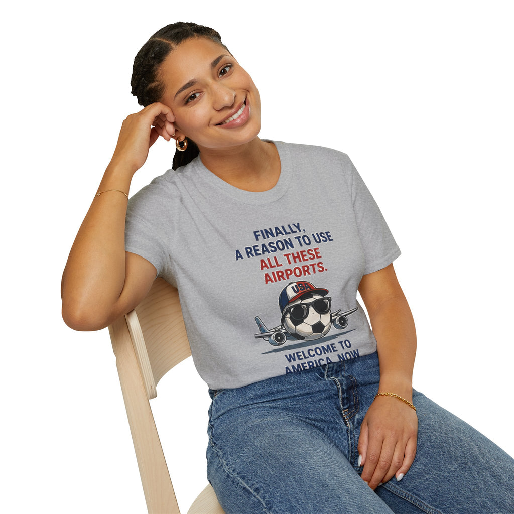 Airplane Cartoon Tee - "Finally, a Reason to Use All These Airports. Welcome to America, Now Please Take a Nap."