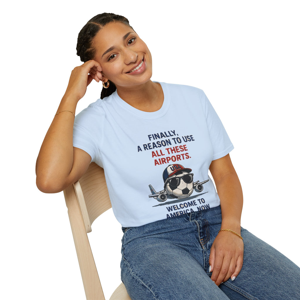 Airplane Cartoon Tee - "Finally, a Reason to Use All These Airports. Welcome to America, Now Please Take a Nap."